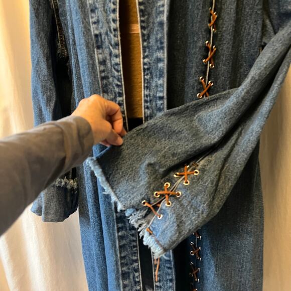 Ethyl blue jean denim long duster jacket leather stitchy Y2K Western boho 3X - Picture 4 of 11
